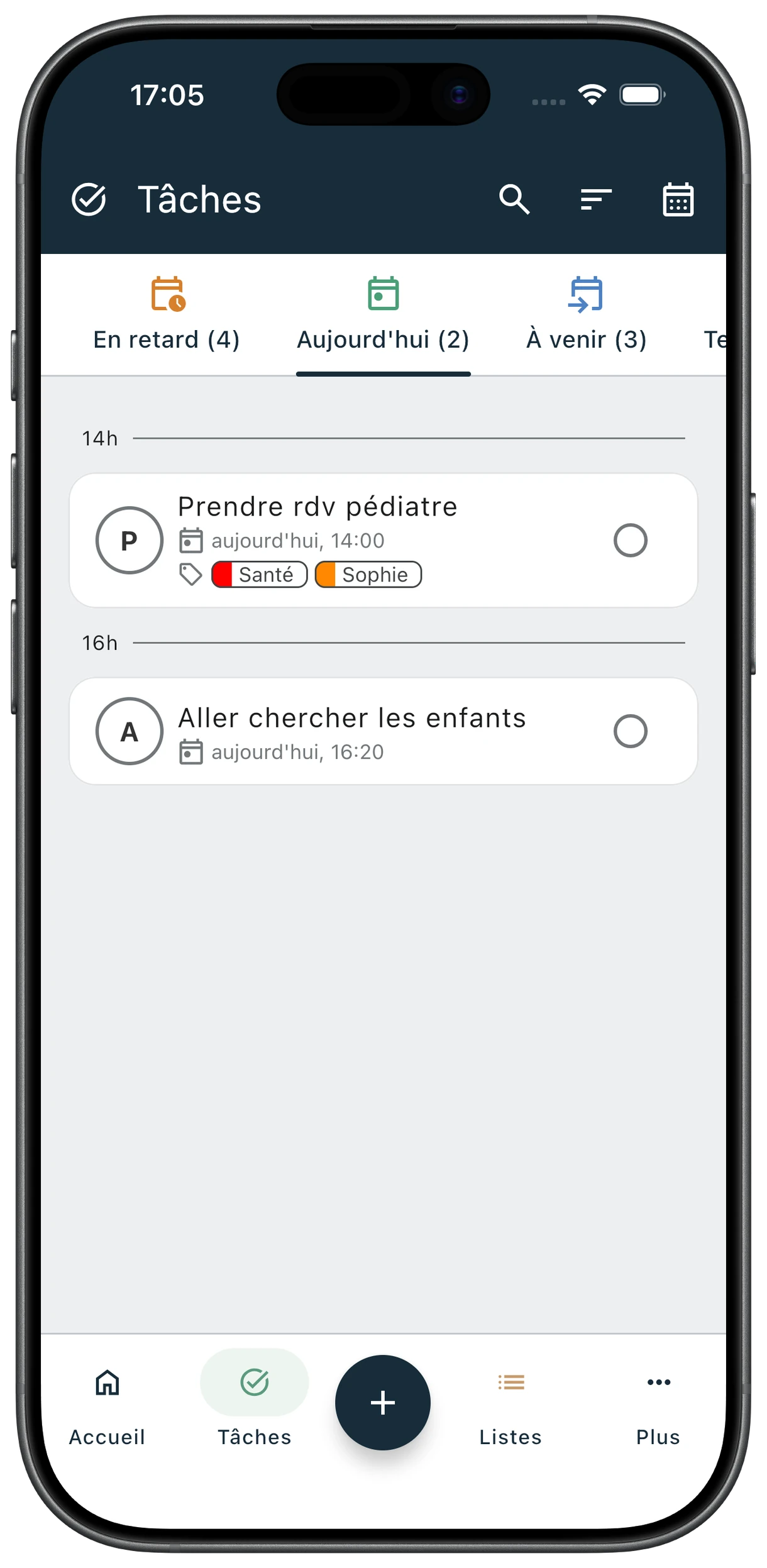 Écran de gestion des tâches avec rappels dans l'application Xerus