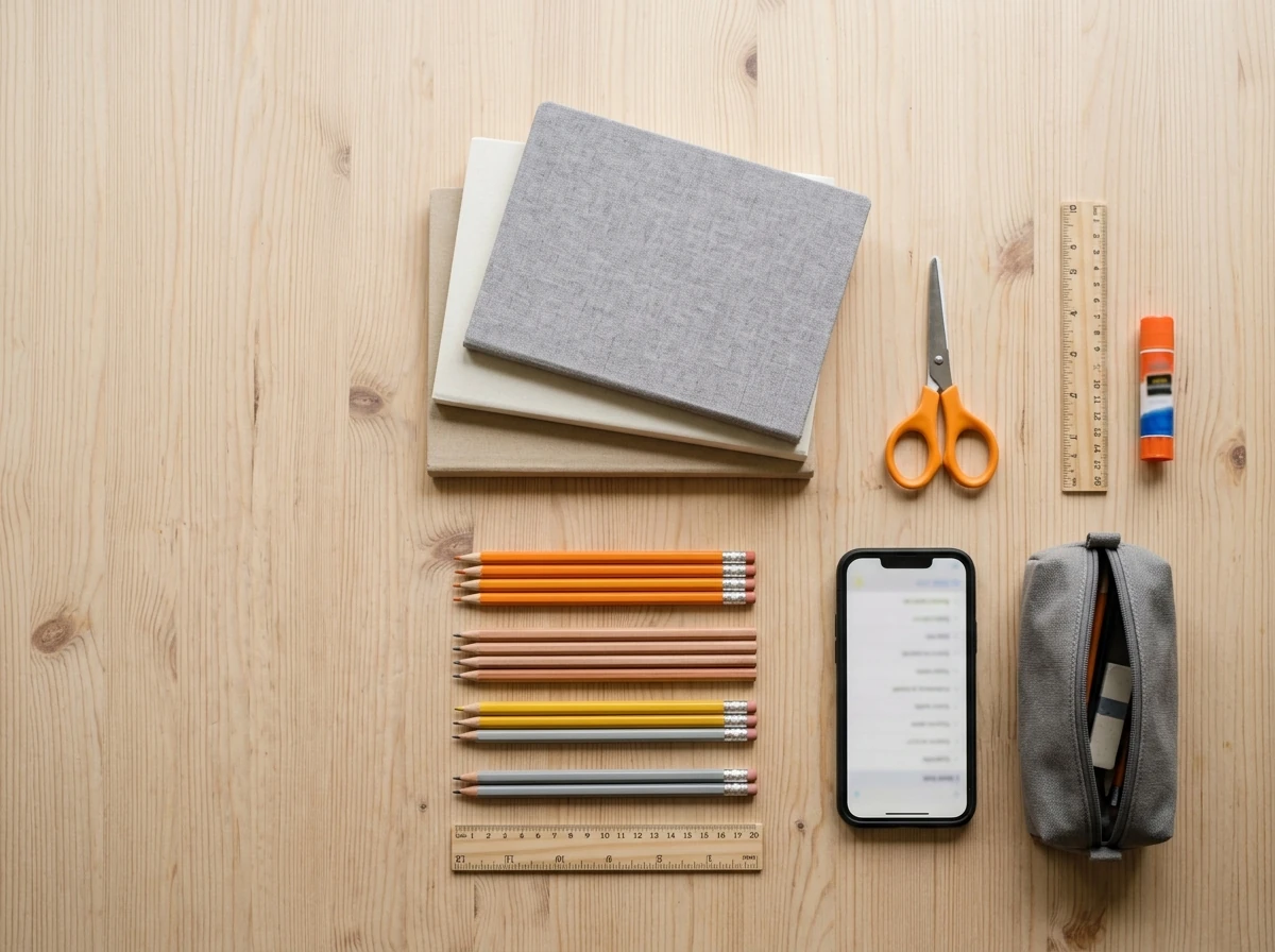Liste de fournitures scolaires partagée sur smartphone, cahiers et panier de courses